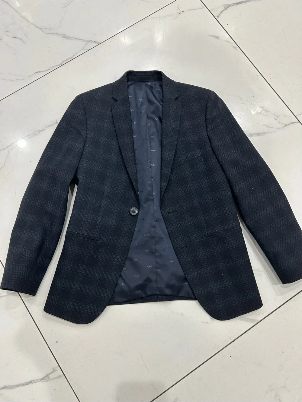 Michael Kors Navy Plaid Single-Button Boys Blazer
